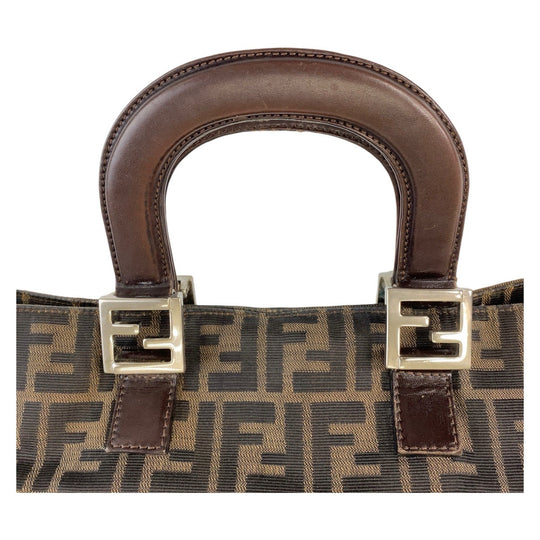 FENDI Tote Bag Canvas, Leather Brown Silver Metal Tote Bag handbag Zucca Women Used Authentic
