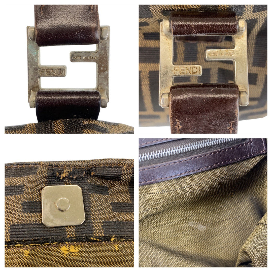 FENDI Tote Bag Canvas, Leather Brown Silver Metal Tote Bag handbag Zucca Women Used Authentic