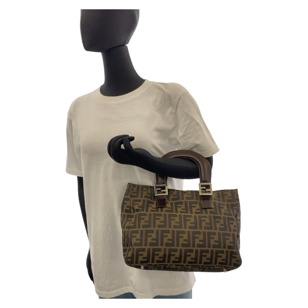 FENDI Tote Bag Canvas, Leather Brown Silver Metal Tote Bag handbag Zucca Women Used Authentic