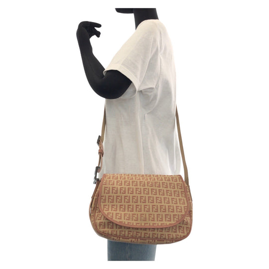 FENDI Shoulder Bag Canvas, Leather Beige Pink SilverMetal Shoulder Bag pochette Zucchino Women Used Authentic