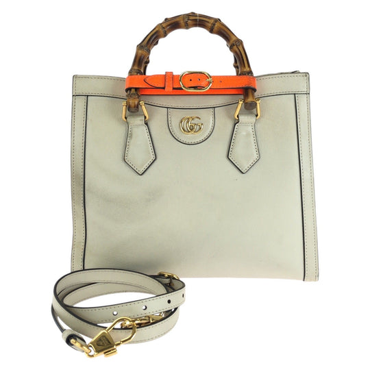 GUCCI Tote Bag 660195 leather White GoldMetal Tote Bag Shoulder Bag 2way Bamboo diana small Women Used Authentic