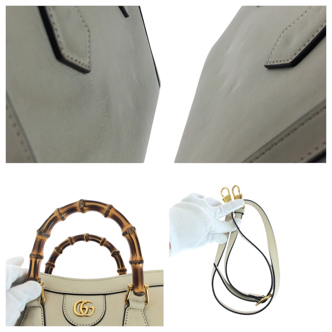 GUCCI Tote Bag 660195 leather White GoldMetal Tote Bag Shoulder Bag 2way Bamboo diana small Women Used Authentic