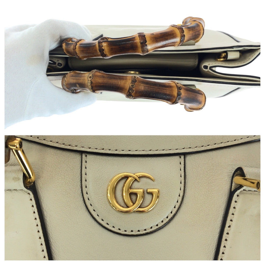 GUCCI Tote Bag 660195 leather White GoldMetal Tote Bag Shoulder Bag 2way Bamboo diana small Women Used Authentic