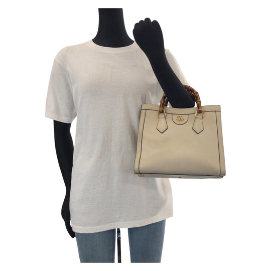 GUCCI Tote Bag 660195 leather White GoldMetal Tote Bag Shoulder Bag 2way Bamboo diana small Women Used Authentic