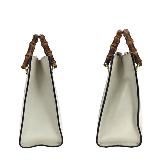 GUCCI Tote Bag 660195 leather White GoldMetal Tote Bag Shoulder Bag 2way Bamboo diana small Women Used Authentic