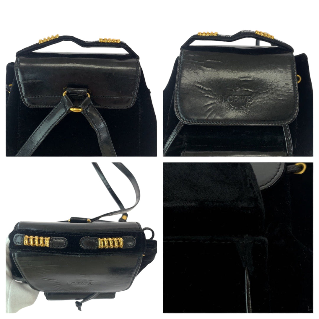 LOEWE Backpack Patent Leather, Suede black Backpack Backpack logo Women Used Authentic