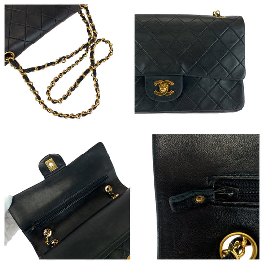 CHANEL Shoulder Bag lambskin Black GoldMetal ChainShoulder Bag Handbag Mattasse double flap COCO Mark Turnlock Women Used Authentic