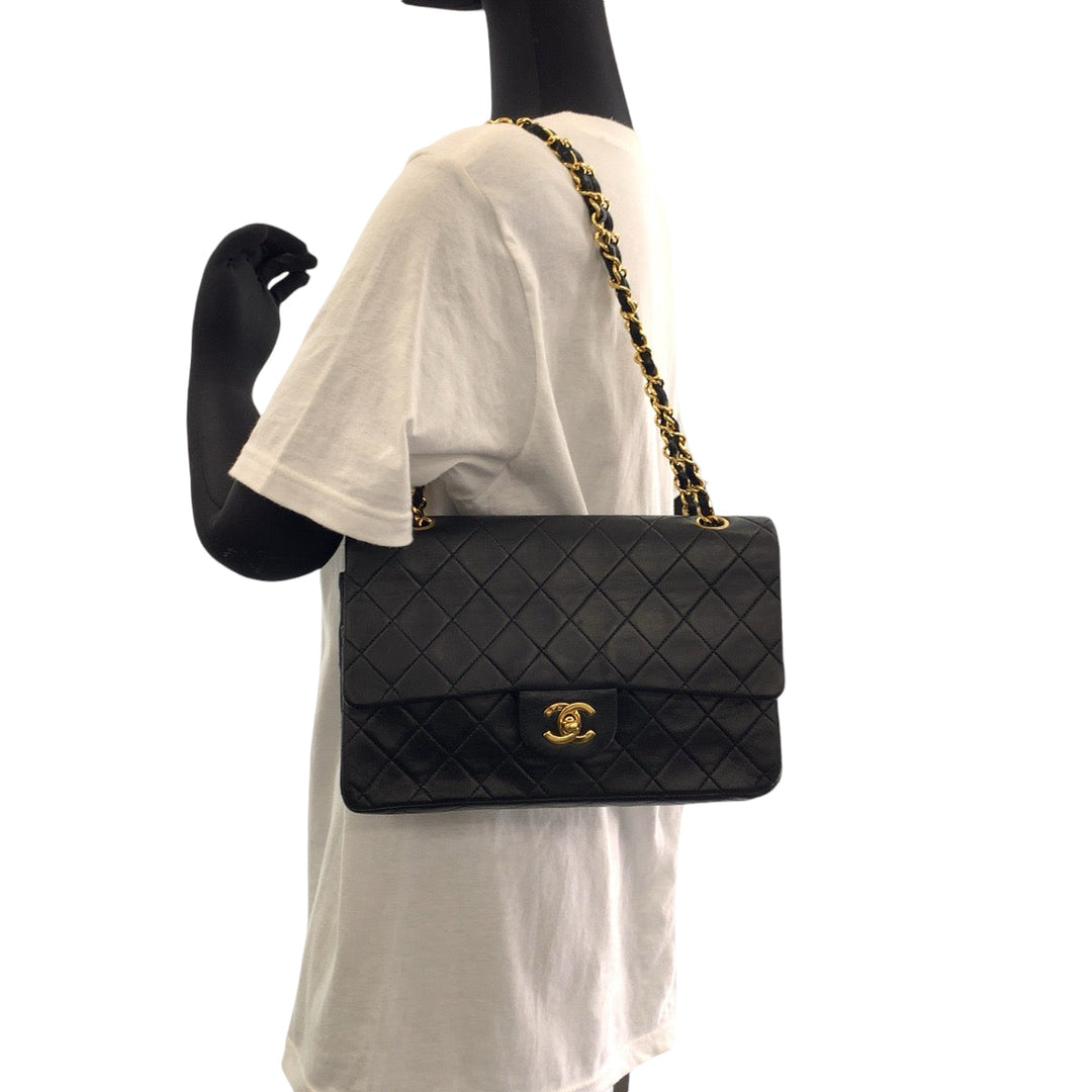 CHANEL Shoulder Bag lambskin Black GoldMetal ChainShoulder Bag Handbag Mattasse double flap COCO Mark Turnlock Women Used Authentic