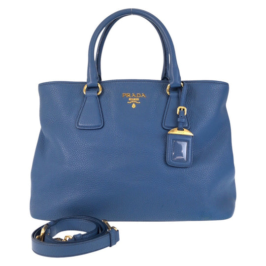 PRADA Tote Bag leather Blue GoldMetal Tote Bag Handbag Shoulder Bag 2way Vatero Dino Women Used Authentic