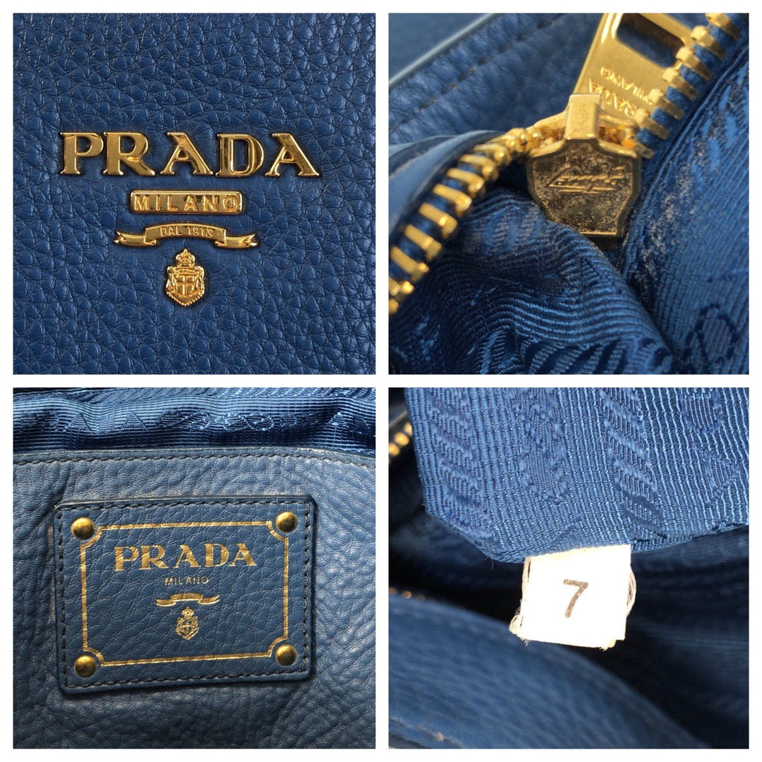 PRADA Tote Bag leather Blue GoldMetal Tote Bag Handbag Shoulder Bag 2way Vatero Dino Women Used Authentic