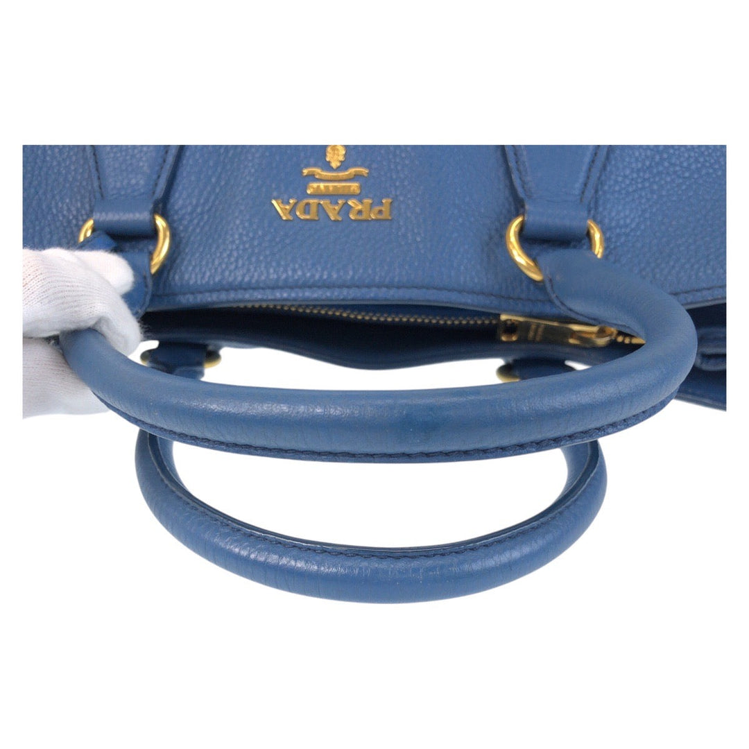 PRADA Tote Bag leather Blue GoldMetal Tote Bag Handbag Shoulder Bag 2way Vatero Dino Women Used Authentic
