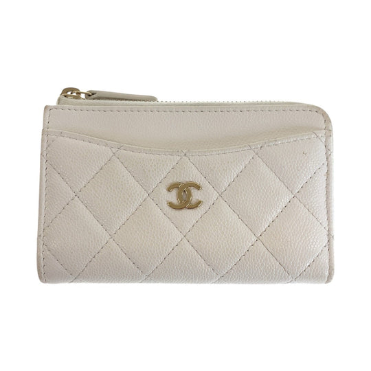 CHANEL Coin case Caviar skin White GoldMetal Coin case fragment case Matrasse COCO Mark Women Used Authentic