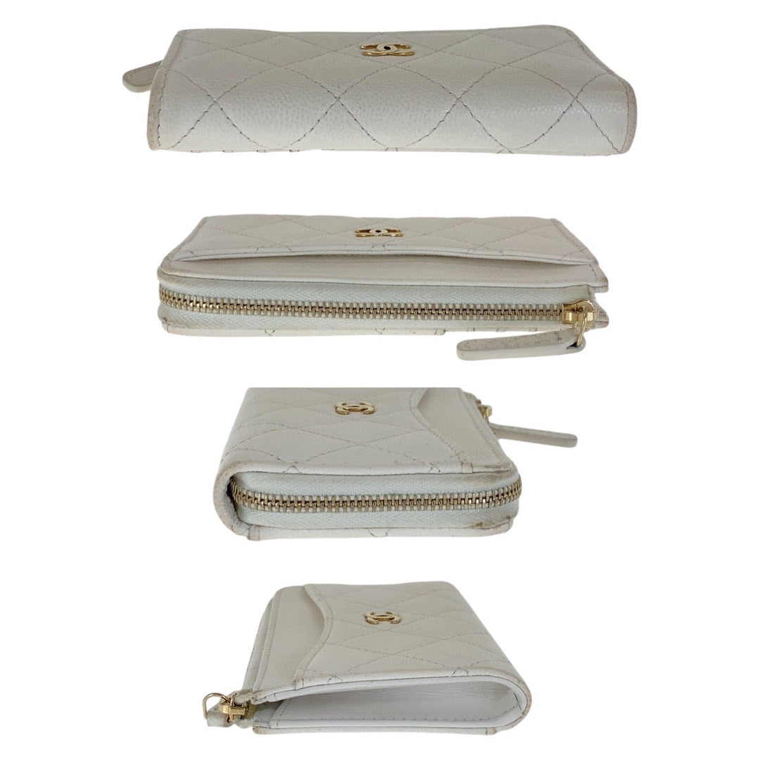 CHANEL Coin case Caviar skin White GoldMetal Coin case fragment case Matrasse COCO Mark Women Used Authentic