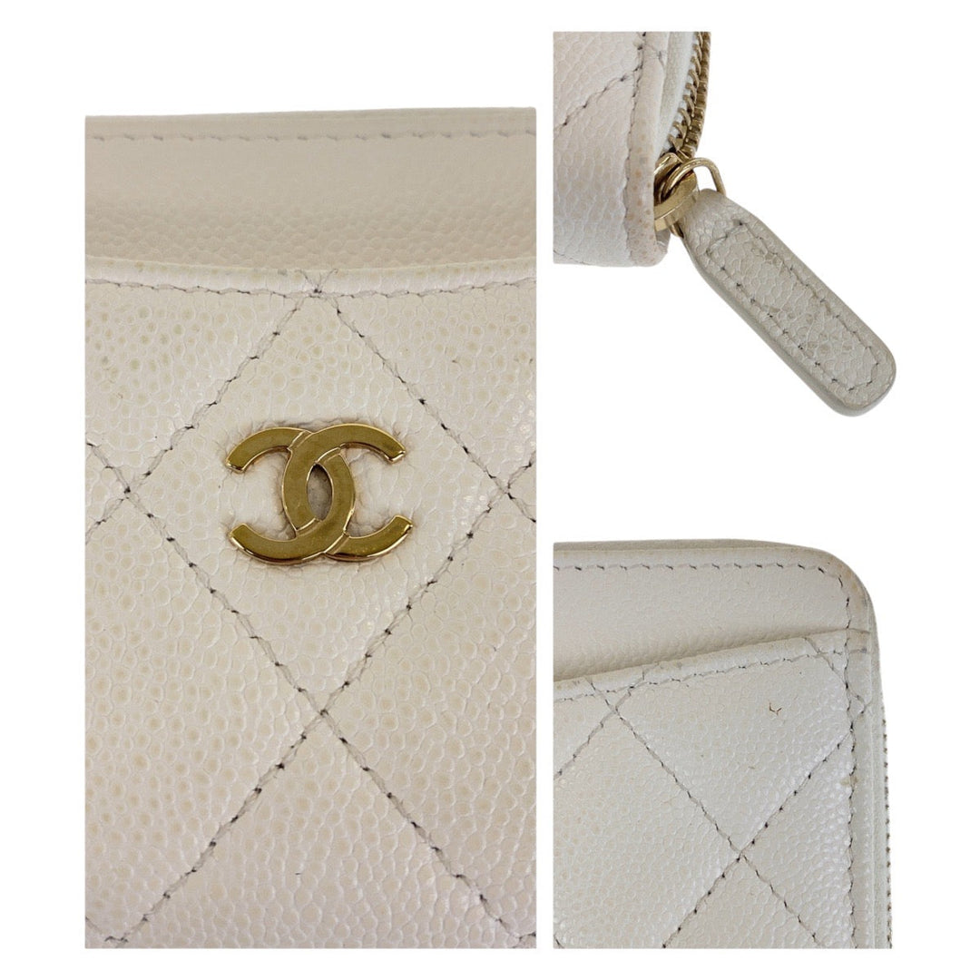 CHANEL Coin case Caviar skin White GoldMetal Coin case fragment case Matrasse COCO Mark Women Used Authentic