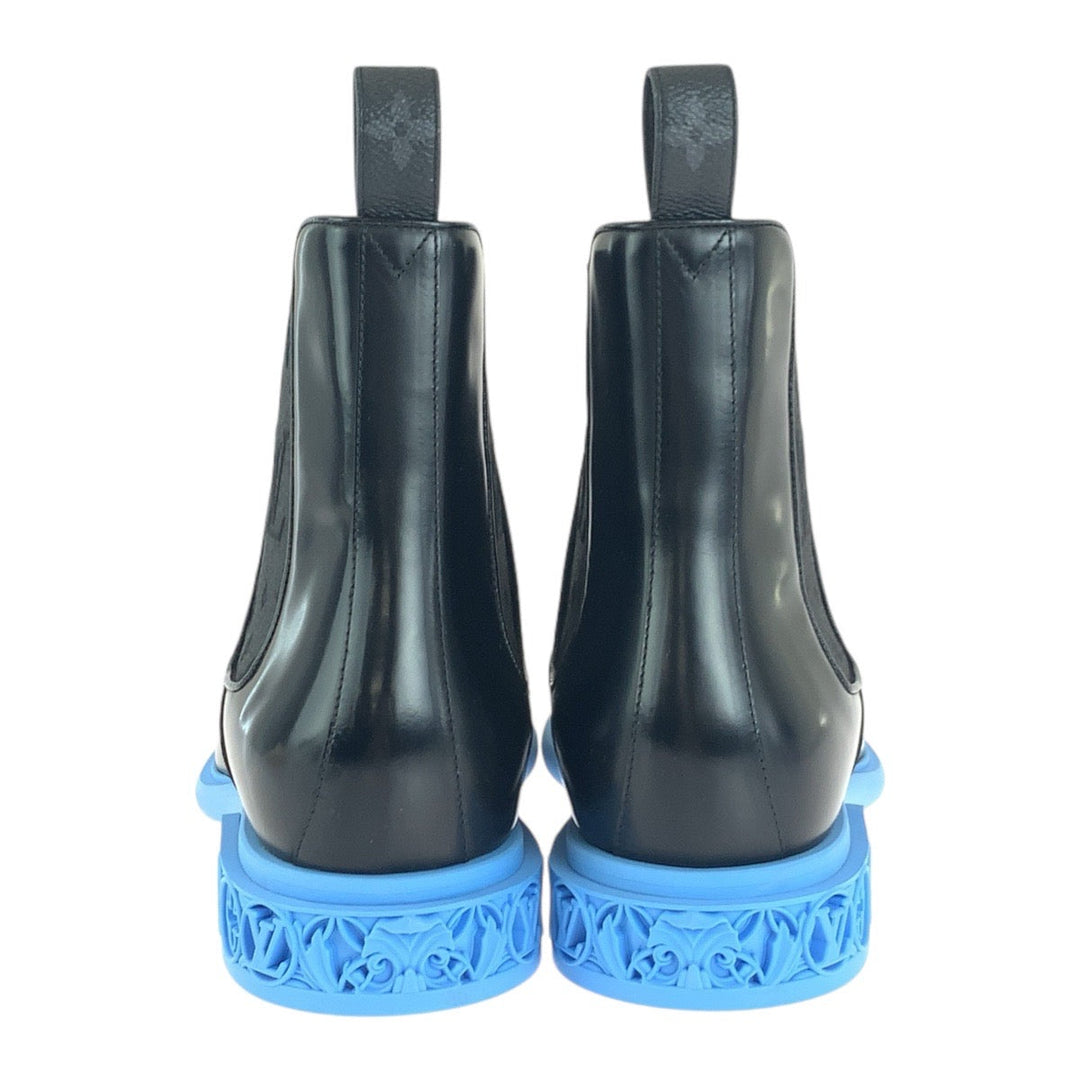 LOUIS VUITTON boots leather Black blue Side gore short boots Monogram Formal Dimension Line mens 8.5 Used Authentic