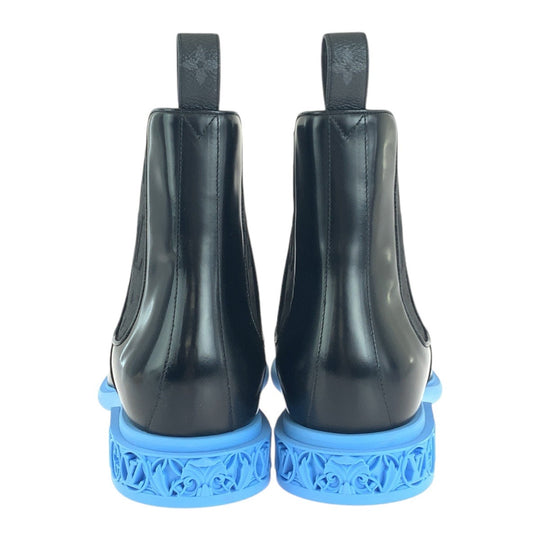 LOUIS VUITTON boots leather Black blue Side gore short boots Monogram Formal Dimension Line mens 8.5 Used Authentic