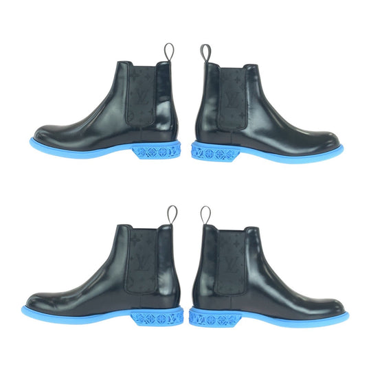 LOUIS VUITTON boots leather Black blue Side gore short boots Monogram Formal Dimension Line mens 8.5 Used Authentic