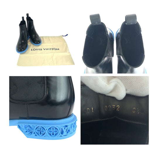 LOUIS VUITTON boots leather Black blue Side gore short boots Monogram Formal Dimension Line mens 8.5 Used Authentic
