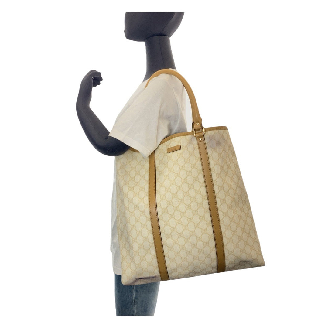 GUCCI Tote Bag 223668 GG Supreme canvas, leather White Beige Gold Metal Tote Bag Shoulder Bag Women Used Authentic