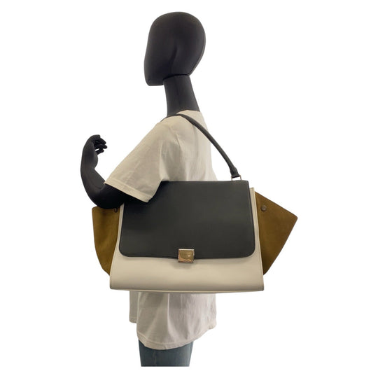 CELINE Handbag Leather, Suede Black White Khaki Handbag Shoulder Bag Trapeze Women Used Authentic