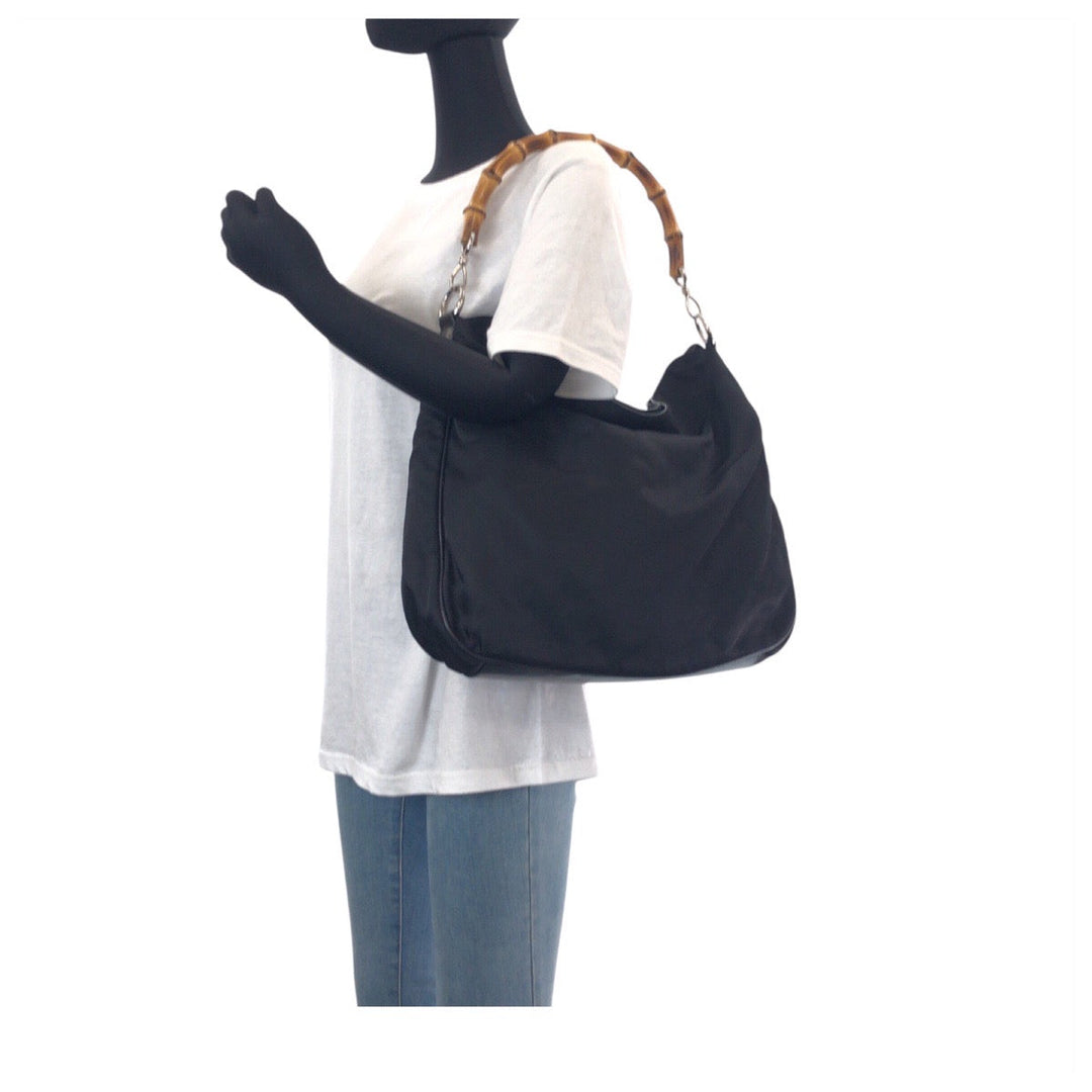GUCCI Shoulder Bag 001 2058 1577 Nylon, Bamboo Black SilverMetal Shoulder Bag Bamboo Women Used Authentic
