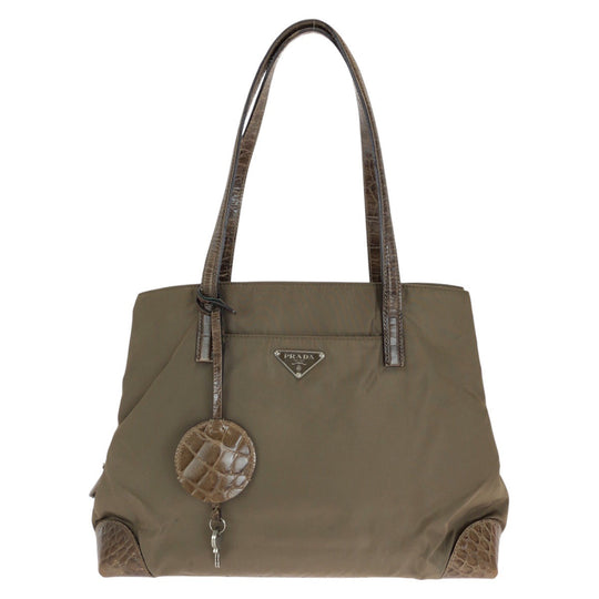 PRADA Tote Bag Nylon, Leather Khaki Brown SilverMetal Tote Bag Shoulder Bag Test Triangle With logo Women Used Authentic