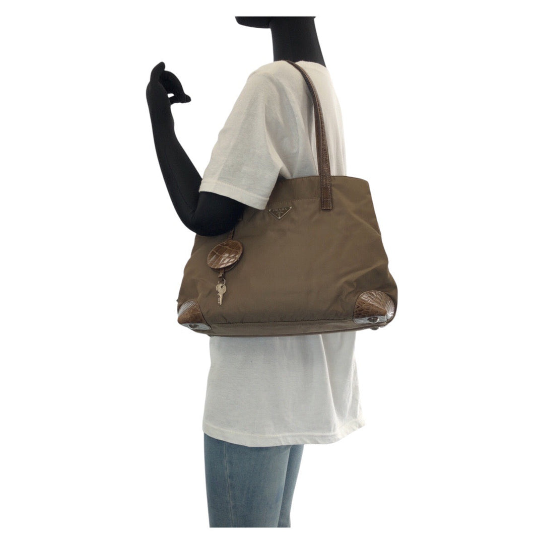 PRADA Tote Bag Nylon, Leather Khaki Brown SilverMetal Tote Bag Shoulder Bag Test Triangle With logo Women Used Authentic