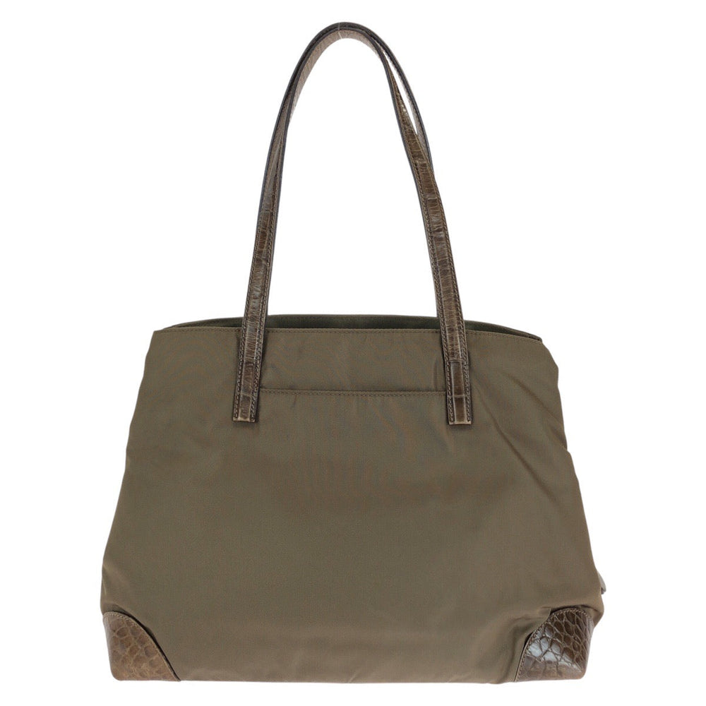 PRADA Tote Bag Nylon, Leather Khaki Brown SilverMetal Tote Bag Shoulder Bag Test Triangle With logo Women Used Authentic