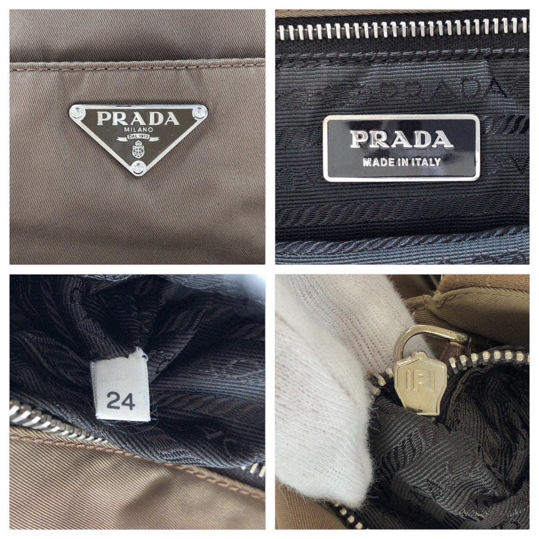 PRADA Tote Bag Nylon, Leather Khaki Brown SilverMetal Tote Bag Shoulder Bag Test Triangle With logo Women Used Authentic