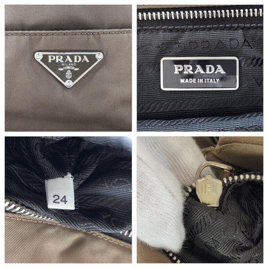 PRADA Tote Bag Nylon, Leather Khaki Brown SilverMetal Tote Bag Shoulder Bag Test Triangle With logo Women Used Authentic