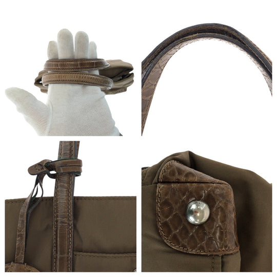 PRADA Tote Bag Nylon, Leather Khaki Brown SilverMetal Tote Bag Shoulder Bag Test Triangle With logo Women Used Authentic