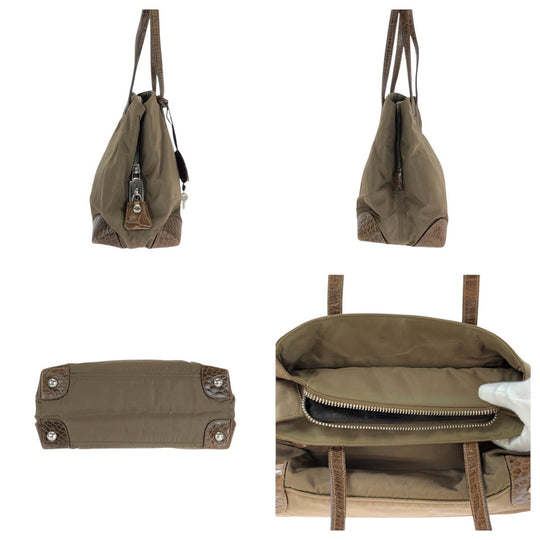 PRADA Tote Bag Nylon, Leather Khaki Brown SilverMetal Tote Bag Shoulder Bag Test Triangle With logo Women Used Authentic