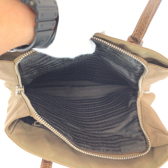 PRADA Tote Bag Nylon, Leather Khaki Brown SilverMetal Tote Bag Shoulder Bag Test Triangle With logo Women Used Authentic