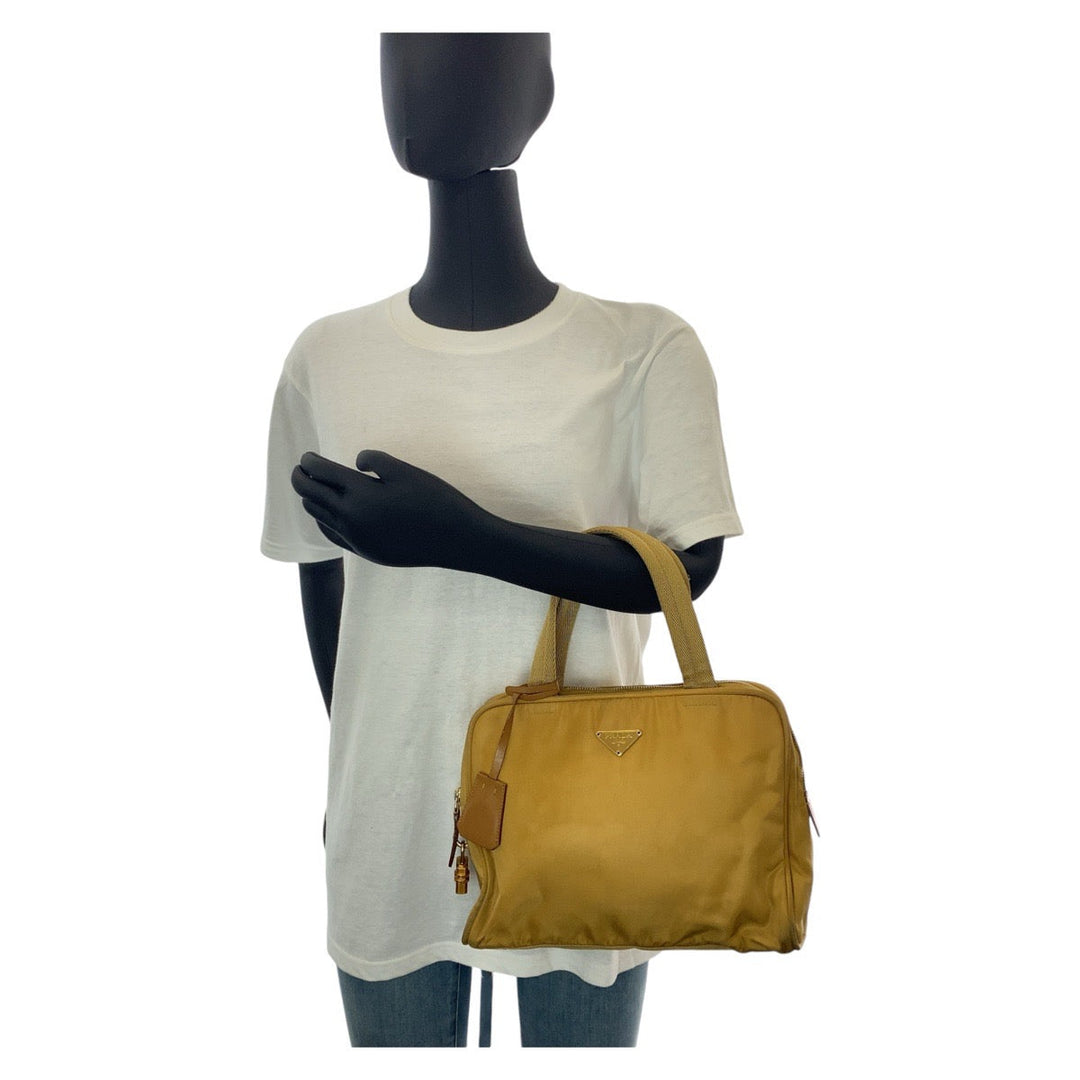 PRADA Handbag Nylon Yellow Gold Metal Handbag Test Triangle With logo Women Used Authentic