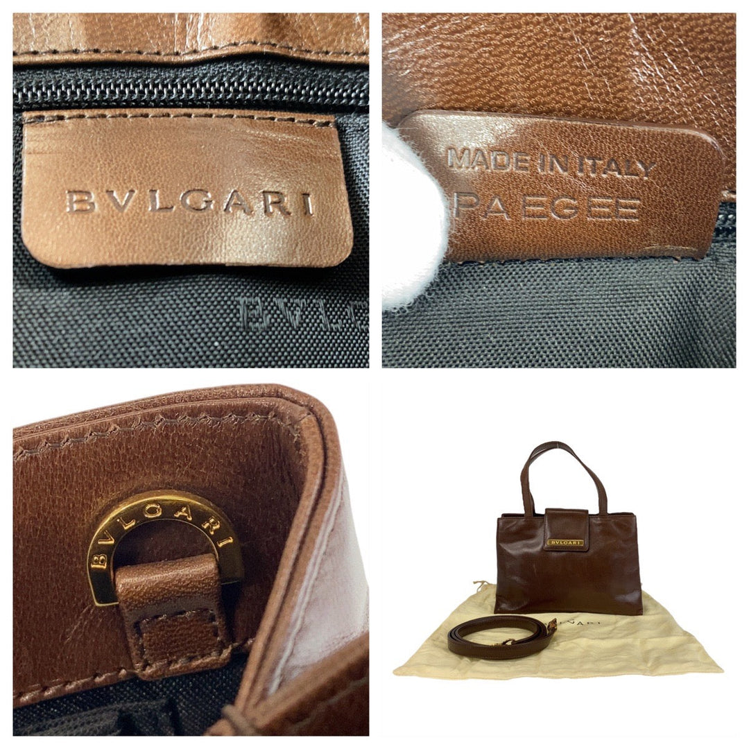 BVLGARI Shoulder Bag leather Brown Gold Metal Shoulder Bag Handbag 2way Women Used Authentic