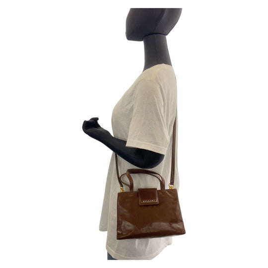 BVLGARI Shoulder Bag leather Brown Gold Metal Shoulder Bag Handbag 2way Women Used Authentic