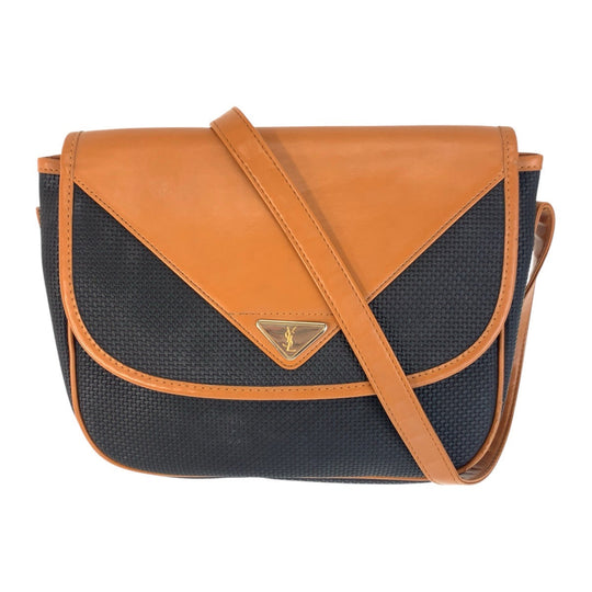YVES SAINT LAURENT Shoulder Bag PVC, Leather Brown Navy Gold Metal Crossbody Shoulder Bag YSL Women Used Authentic
