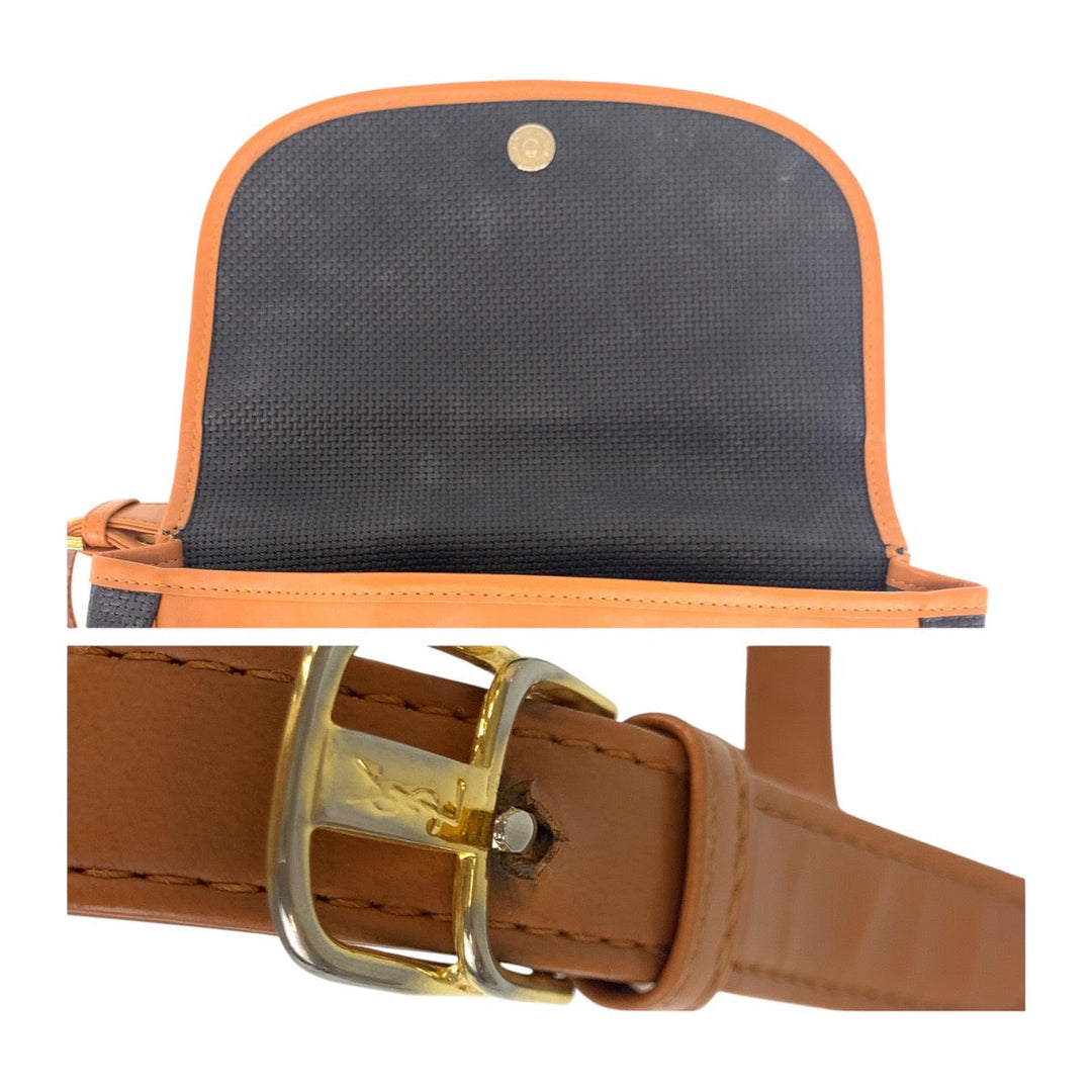 YVES SAINT LAURENT Shoulder Bag PVC, Leather Brown Navy Gold Metal Crossbody Shoulder Bag YSL Women Used Authentic