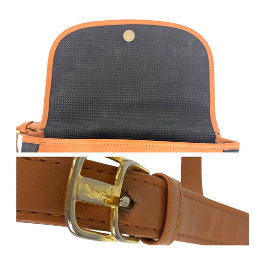 YVES SAINT LAURENT Shoulder Bag PVC, Leather Brown Navy Gold Metal Crossbody Shoulder Bag YSL Women Used Authentic