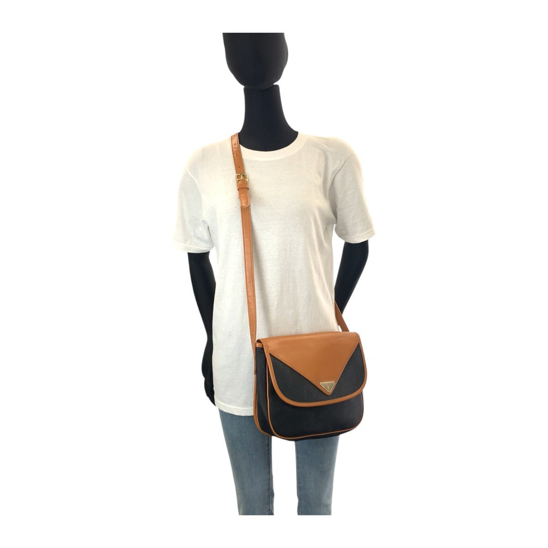 YVES SAINT LAURENT Shoulder Bag PVC, Leather Brown Navy Gold Metal Crossbody Shoulder Bag YSL Women Used Authentic