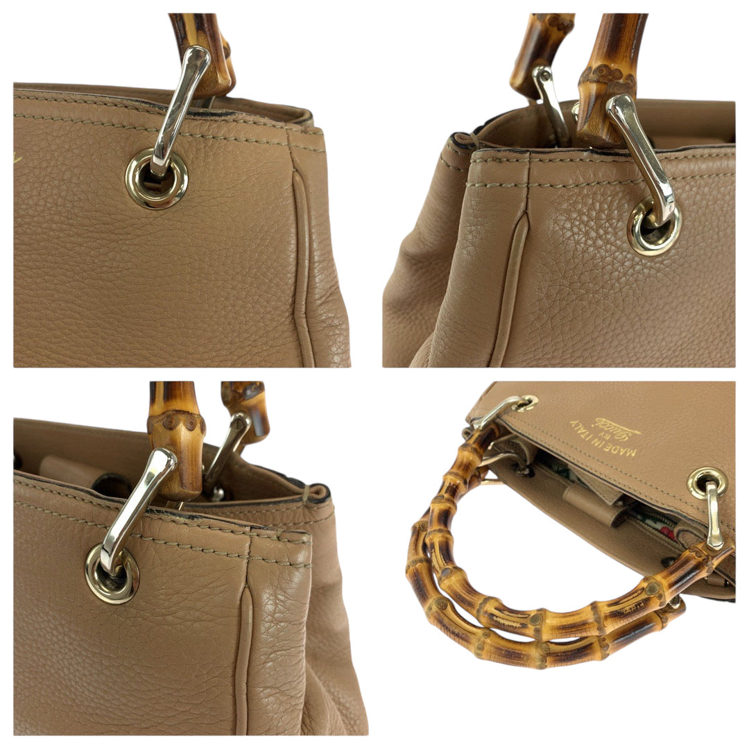 GUCCI Handbag 236032 leather Beige Brown Gold Metal Handbag Bamboo Women Used Authentic