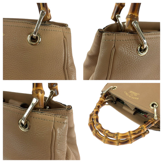 GUCCI Handbag 236032 leather Beige Brown Gold Metal Handbag Bamboo Women Used Authentic