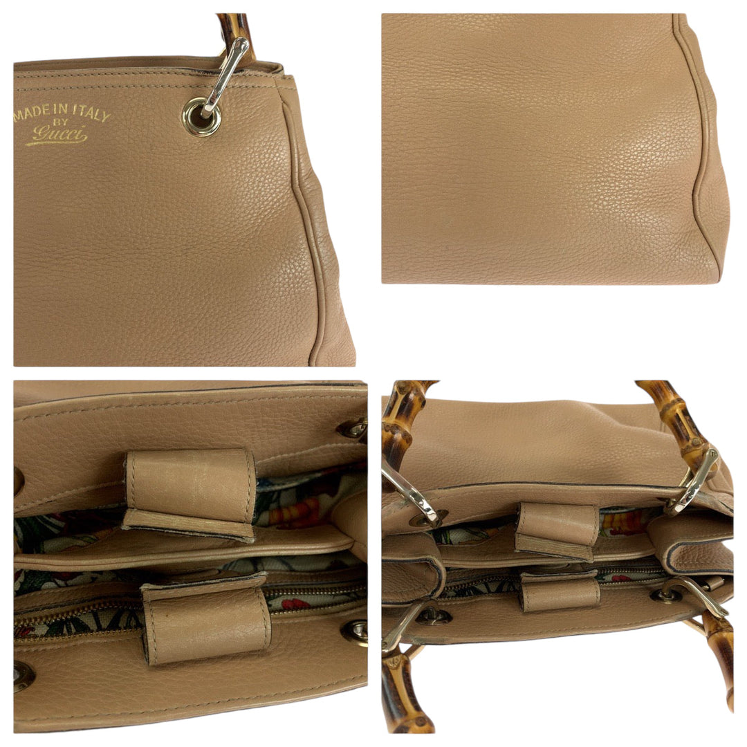 GUCCI Handbag 236032 leather Beige Brown Gold Metal Handbag Bamboo Women Used Authentic