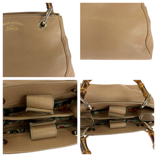 GUCCI Handbag 236032 leather Beige Brown Gold Metal Handbag Bamboo Women Used Authentic