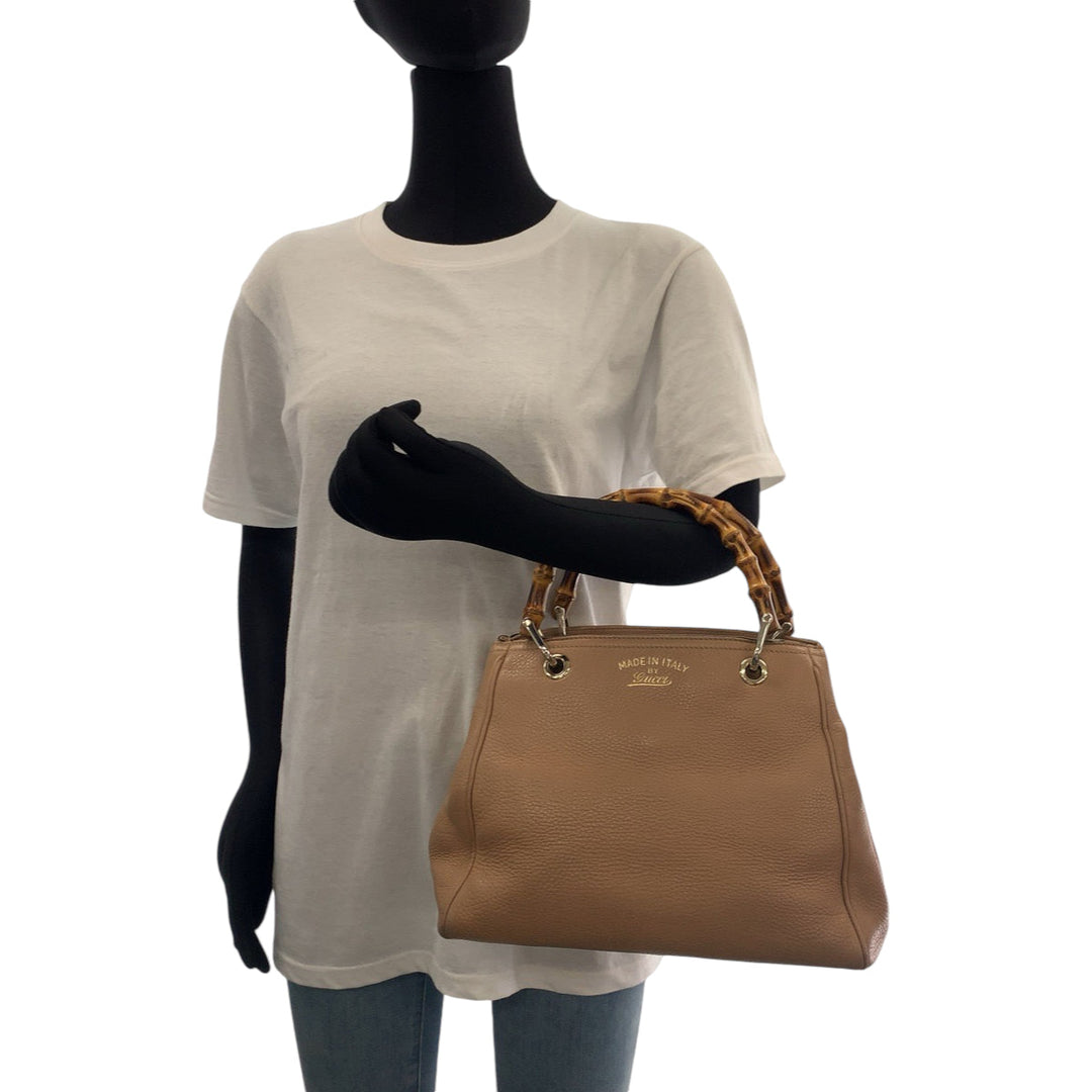 GUCCI Handbag 236032 leather Beige Brown Gold Metal Handbag Bamboo Women Used Authentic