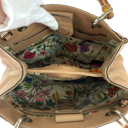 GUCCI Handbag 236032 leather Beige Brown Gold Metal Handbag Bamboo Women Used Authentic