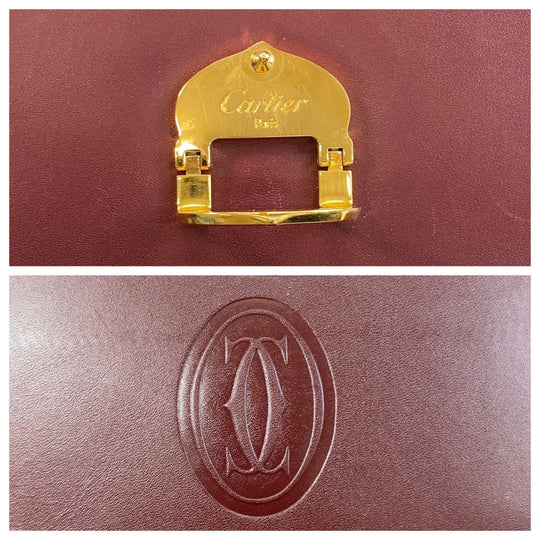 CARTIER Shoulder Bag leather Wine Red Bordeaux Gold Metal Crossbody Shoulder Bag Messenger Bag Must Line Women Used Authentic