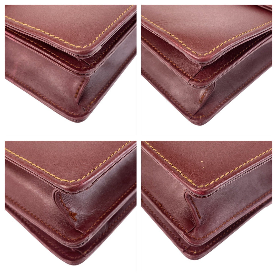 CARTIER Shoulder Bag leather Wine Red Bordeaux Gold Metal Crossbody Shoulder Bag Messenger Bag Must Line Women Used Authentic
