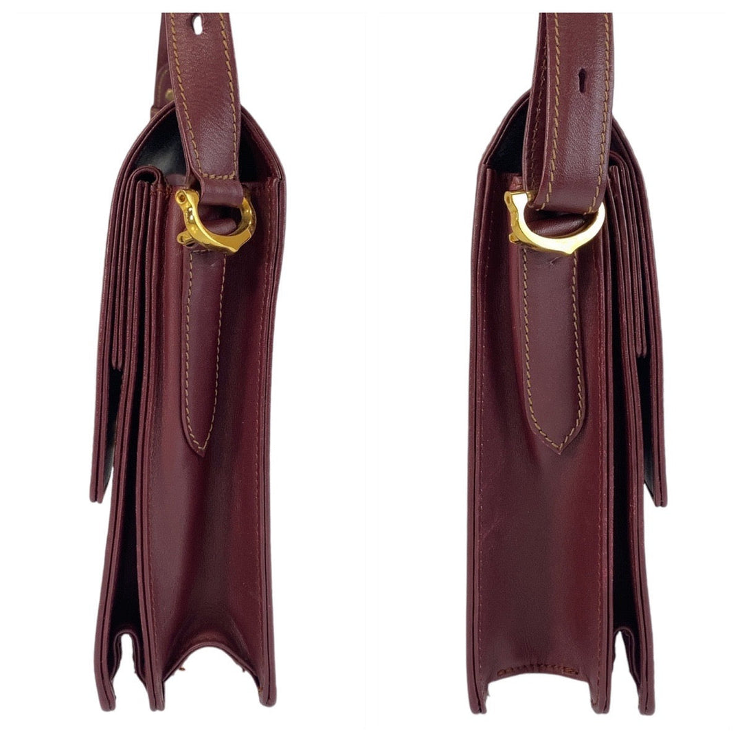 CARTIER Shoulder Bag leather Wine Red Bordeaux Gold Metal Crossbody Shoulder Bag Messenger Bag Must Line Women Used Authentic