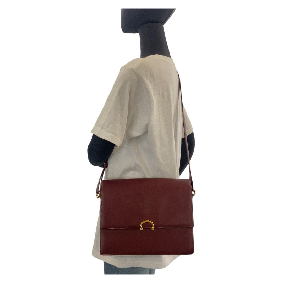 CARTIER Shoulder Bag leather Wine Red Bordeaux Gold Metal Crossbody Shoulder Bag Messenger Bag Must Line Women Used Authentic